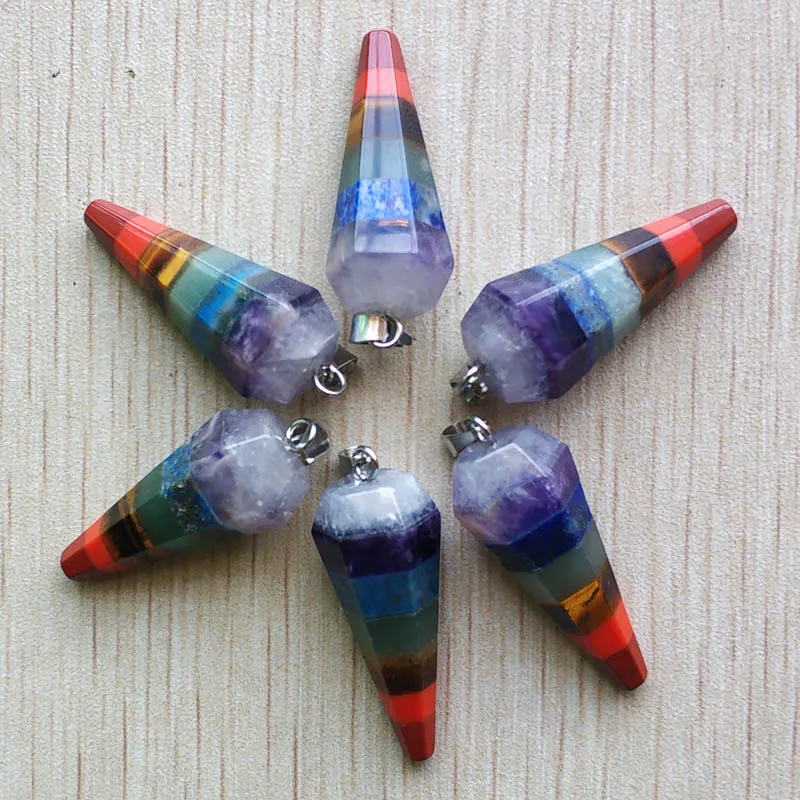 

Rainbow 7 Chakra Layered Purple Crystal Tiger eye stone Hexagonal pyramid shape pendants for jewelry making 6pcs/lot wholesale
