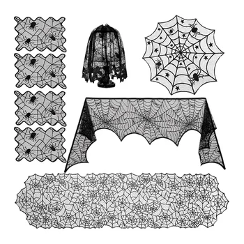 

8 Pack Halloween Decoration,Fireplace Mantel Scarf&Table Runner&Round Table Cover&Spiderweb Lampshade&Placemat