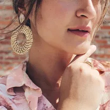 Богемные плетеные серьги-подвески из ротанга, ручная работа, деревянная лоза, Геометрическая круглая, массивные длинные серьги для женщин, ювелирные изделия