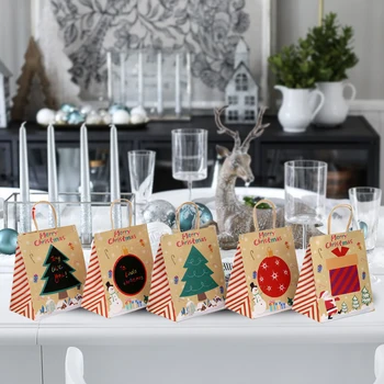

12pcs Christmas Gift Bag Durable Holiday Cute Brown Paper Reusable Universal DIY Graffiti Portable Candies Cookies For Presents