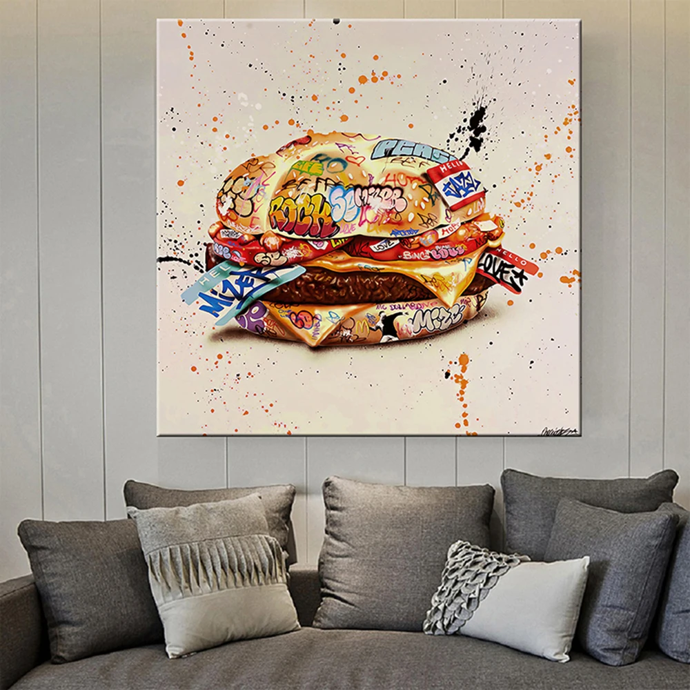 

Hamburger Abstract Graffiti Art Food Poster Prints Street Pop Artwork Picture Canvas Painting for Living Room Cuadros Home Decor