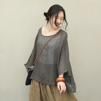 

Linen Blouse Women Summer Blouse Shirt Plus Size casual vintage Batwing Sleeve loose Tops