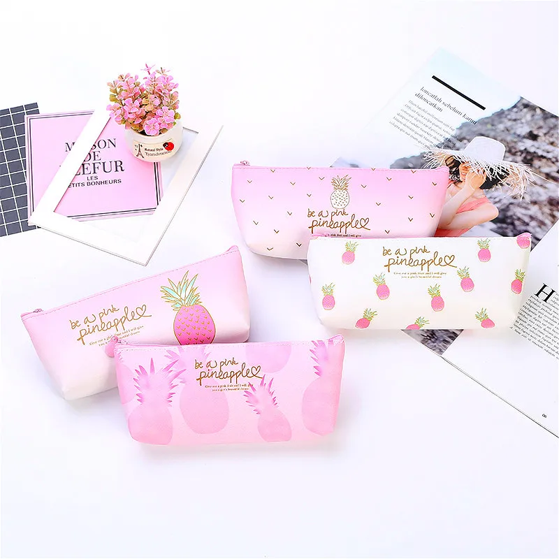 Pink Pineapple PU Waterproof Pencil Cases Pencil Case Kawaii Bag Box Stationery 