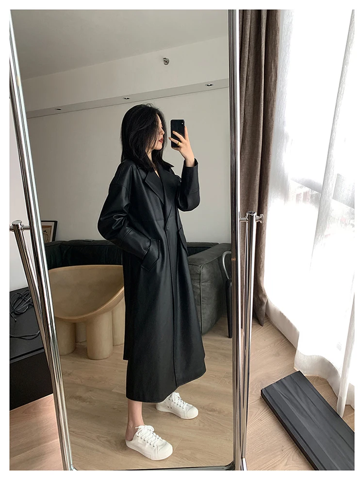 Lautaro Spring Autumn Long Oversized Black Leather Trench Coat for Women Sashes Single Button Loose Stylish Korean Fashion 2021 black parka