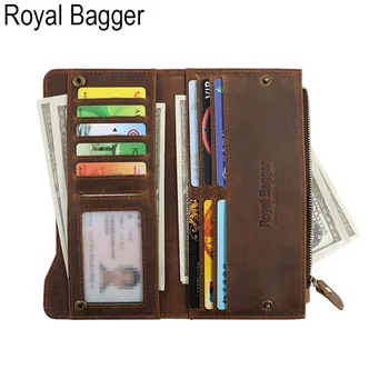

Royal Bagger Rfid Retro Crazy Horse Leather Long Wallets For Men Business Casual Hand Bag Multifunction Multi-card Position Bags