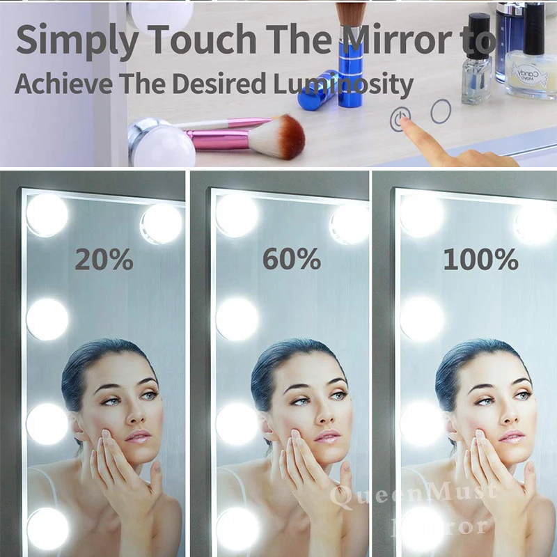 Голливуд Стиль освещенное зеркало для макияжа с регулируемой яркостью светодиодный лампы сенсорный Управление косметическое зеркало с подсветкой 10x зеркало для «мертвых зон»