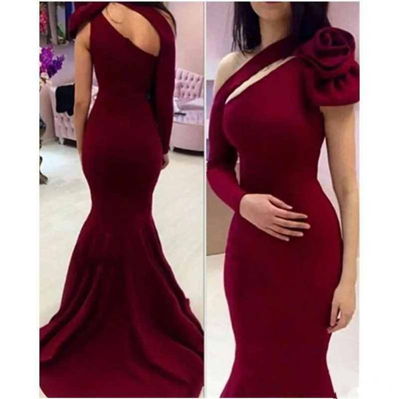 Elegant Bourgondië Mermaid Prom Dresses Een Schouder Lange Mouwen Abendkleider Red Carpet Celebrity Avondjurken Robe De Mariee Elegant Bourgondië Mermaid Prom Dresses Een Schouder Lange Mouwen Abendkleider Red Carpet Celebrity Avondjurken Robe De Mariee