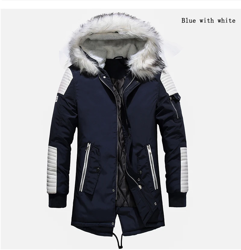 Blue White Мужские флисовые парки с капюшоном, повседневные зимние теплые длинные куртки, пальто, модные хлопковые пальто с длинными рукавами, высокое качество, мужская верхняя одежда - Цвет: Blue White