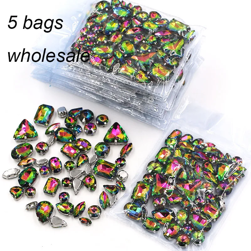 Rainbow Rhinestones New Wholesale 5 Bags Shape Sew Glass Crystal