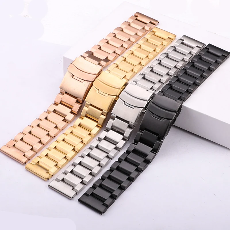 18 20 22 24mm Watchbands Bracelet Women Brushed Stainless Steel Wrist Watch Strap Band Double Push Deployment Clasp