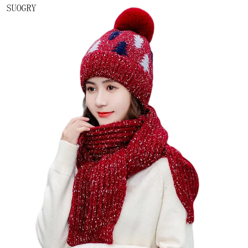 SUOGRY/2 предмета, зимняя теплая вязаная шапка с шарфом, милый вязаный толстый комплект для девочек, Студенческая женская шапка, шарф, комплект
