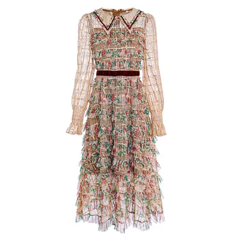 

Goodlishowsi new women fashion turn down collar lace velvet pachwork ruffles slim waist dress