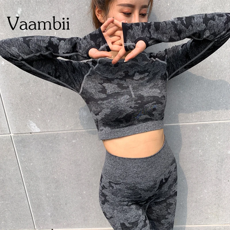 

Camo Seamless Workout Yoga Gym Set Lady 2 Piece Leggings And Top Long Sleeve 2020 Sporty Work Out Tracksuit Women's Active Suits
