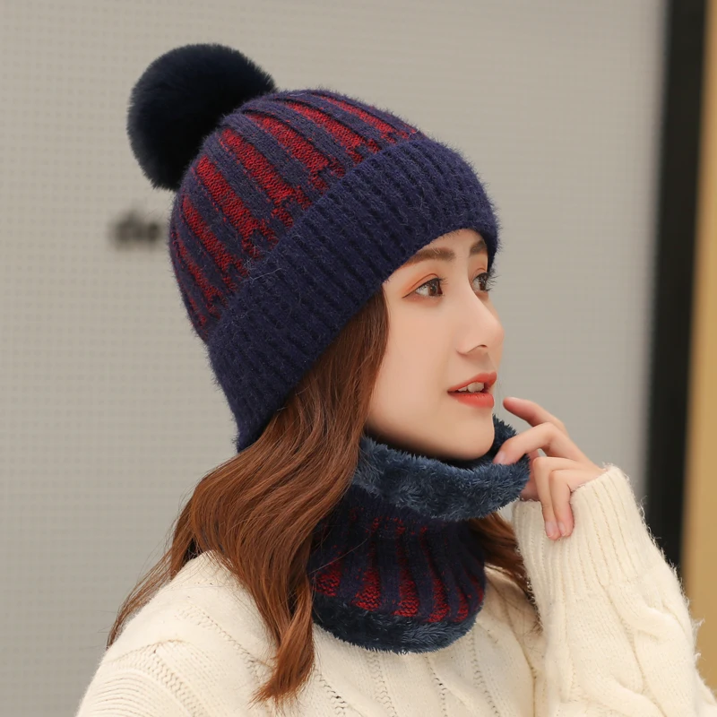 Зимняя имитация норки в полоску женские наборы шарф шапка женские шапки с искусственным помпон из лисьего меха толстые теплые женские шапки - Цвет: Navy