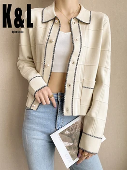 

K&L vintage wool check shirt female 2020early autumn new knitted cardigan single-breasted pearl buckle lapel long-sleeved jacket