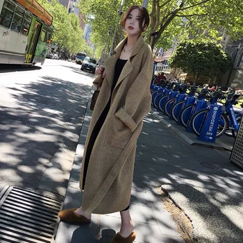 

Autumn winter 2019 new over knee woolen coat women's middle long loose tie college style woolen coat women
