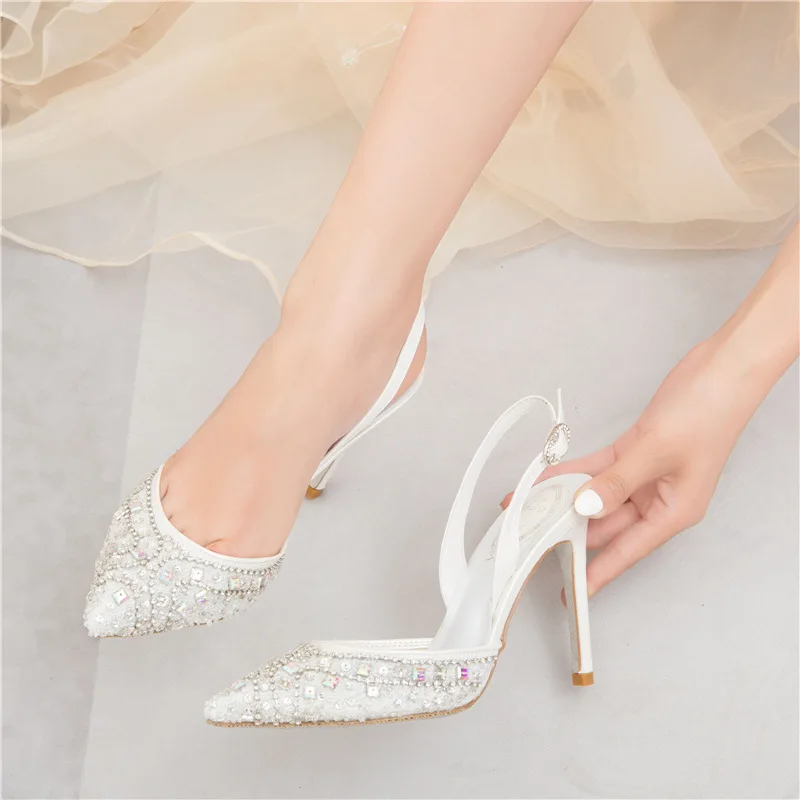 Spring and summer new sexy pointed rhinestone stiletto shoes women's banquet dress wild custom small size bridal wedding sandals