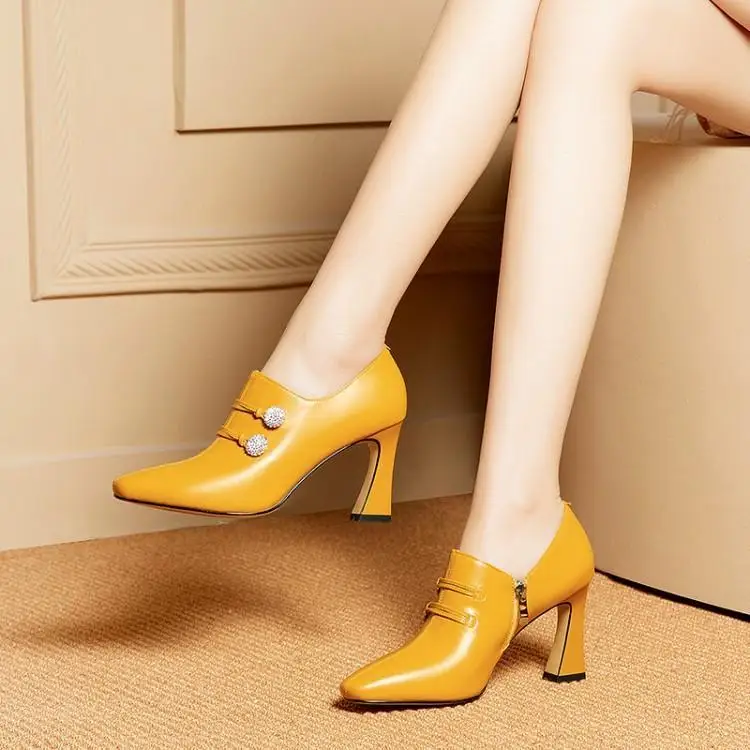 

Single shoe ladies deep ginger horseshoe thick heel square casual high heels leather boots8cm ankle boots for women