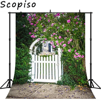 

Scopiso Spring Garden White Arch Gate Flower Scenic Photography Backgrounds Customized Photographic Backdrops Photo Studio Props