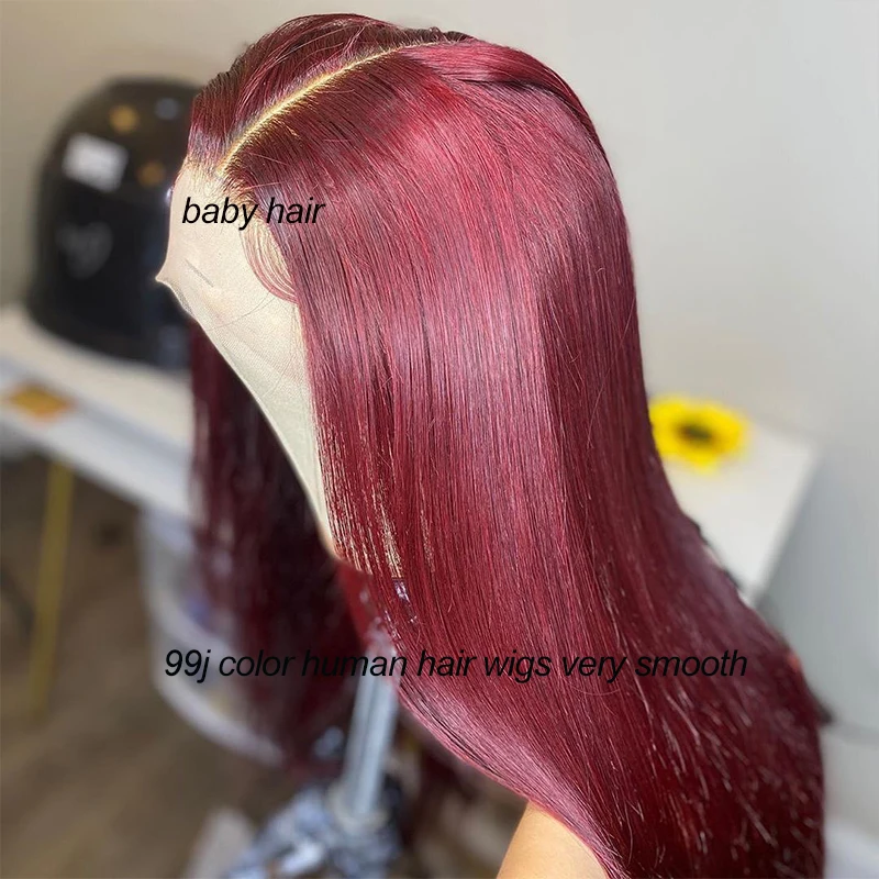 Frente do Laço Perucas de Cabelo Humano para a Mulher Osso em Linha Dianteira do Laço Perucas de Renda Borgonha Brasileira Remy Reta Peruca Pré Arrancadas 99j Transparente 8 Apliques com cabelo humano