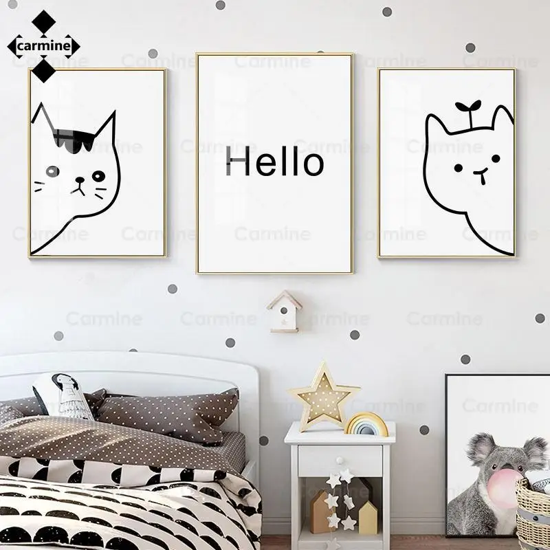 

Cartoon Cat Painting On Canvas Minimalist Wall Art Poster and Print Modern Nordic Line Picture Black and White Prints Home Decor