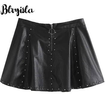 

Blvyisla 6XL Plus Size Overall Gothic Black PU Metal Pearl Rivet High Waist Punk Skirt Women Sexy Zipper Elasticity Mini Skirts