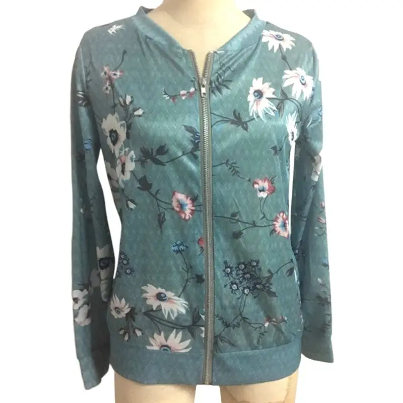 amazing  Women Plus Size Autumn Long Sleeve Baseball Coat Vintage Floral Printed Stand Collar Bomber Jacket 