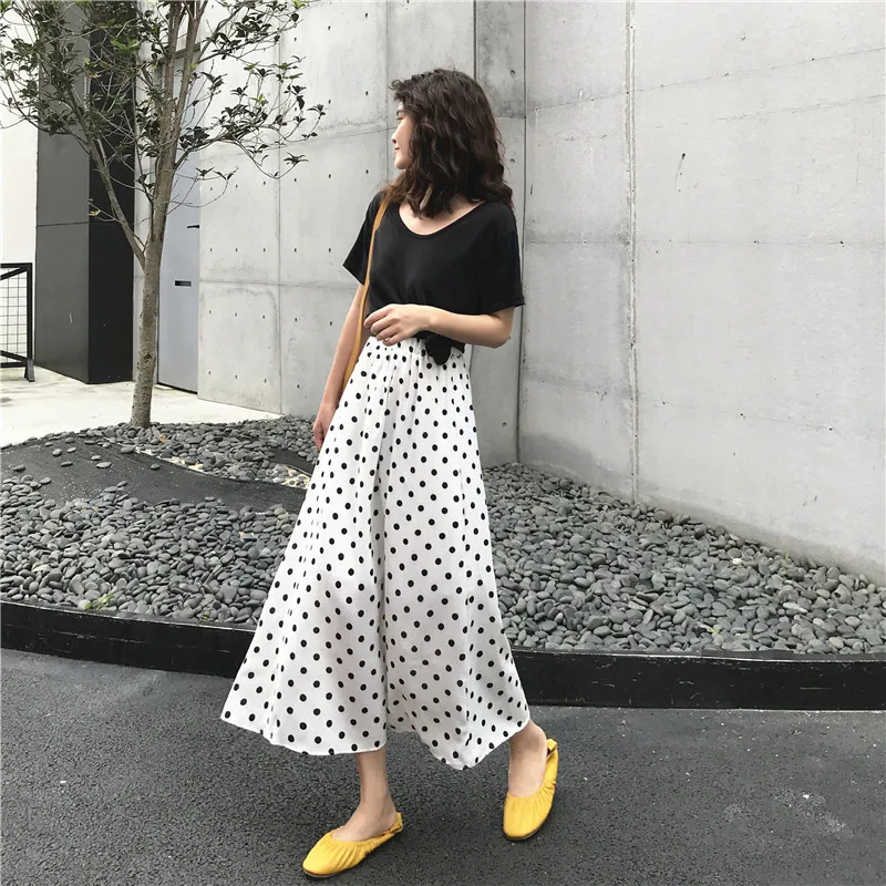 

Skirt Women's 2019 New Style Summer High-waisted Polka Dot Dress Skirt Mid-length Korean-style Slimming A- line Long Skirts WOME