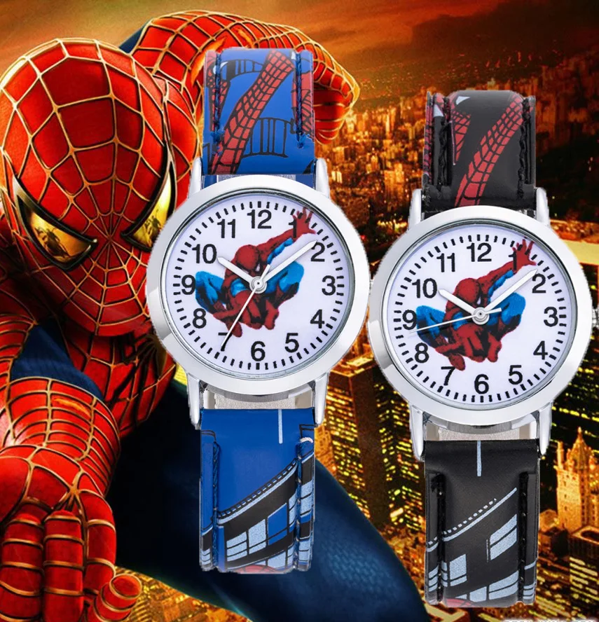 Детские часы с рисунком Человека-паука, 30 м, водонепроницаемые, с крутым рисунком, с кожаным ремешком, детские наручные часы для мальчиков, подарок для малышей, Montre Enfant