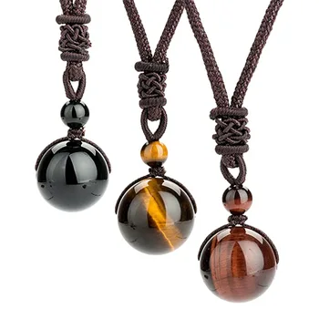 Tiger Eye Stone Lucky Pendant Necklaces For Women Rope Chain Round Obsidian Retro