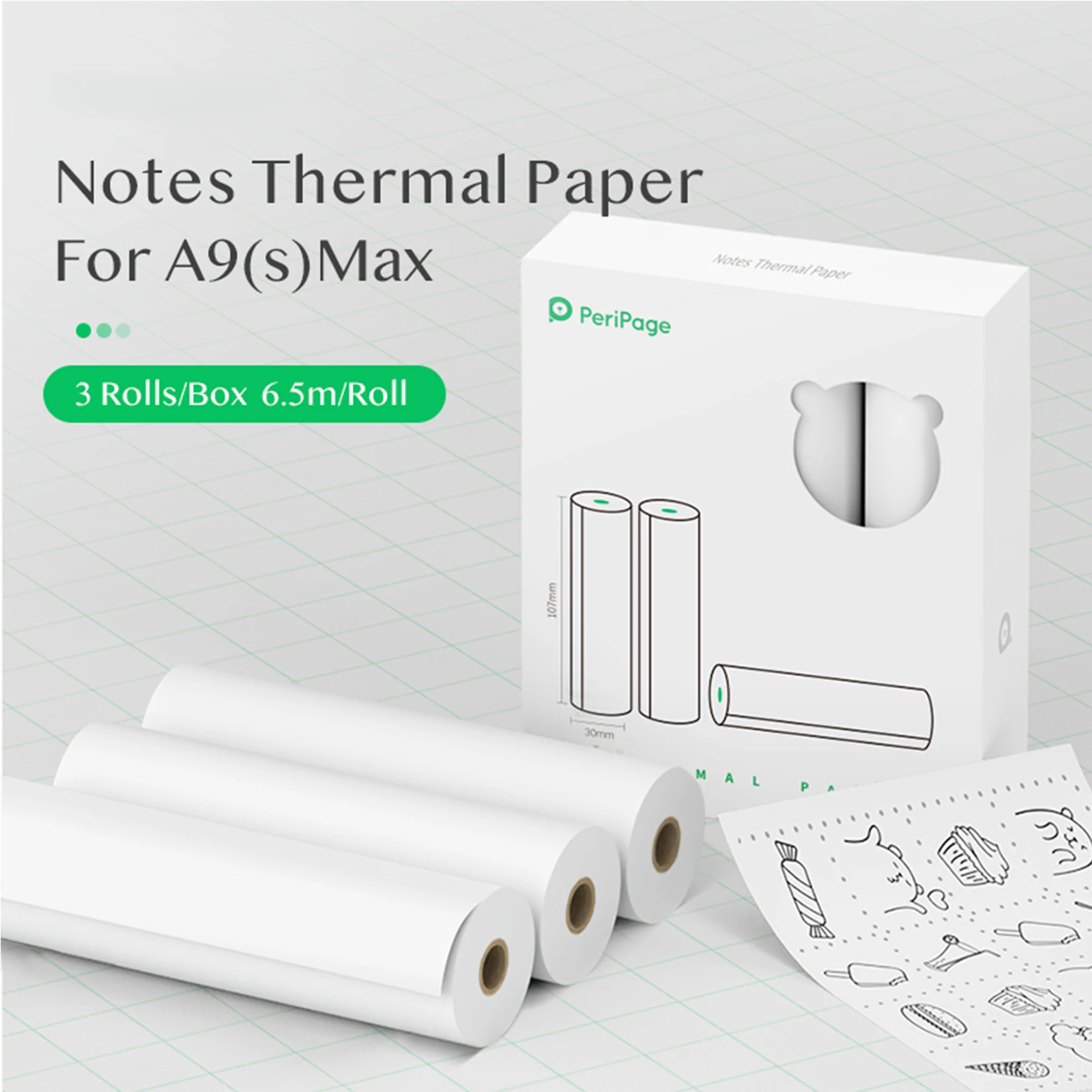 PeriPage-rollo de papel térmico sin BPA, papel de impresión de recibos no adhesivo, impermeable, a prueba de aceite y a prueba de fricción, 107mm