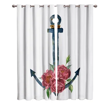 

Anchor Flowers White Printing Curtains Living Room Bedroom Home Decoration Suitable for Adult Children Window Curtain
