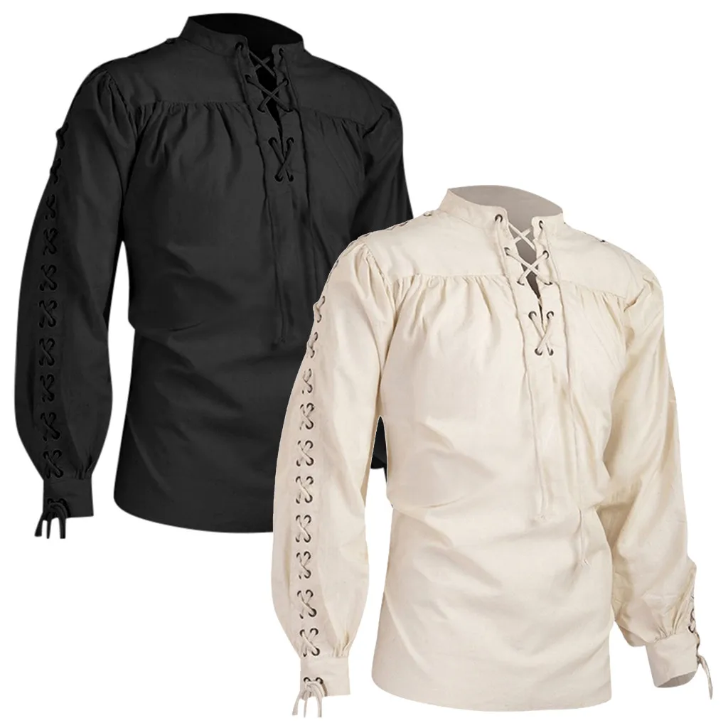 Men Medieval Long Sleeve stand Collar shirt vintage retro party victorian gothic bandage Decorated Lace-Up Shirt men Tops ivory