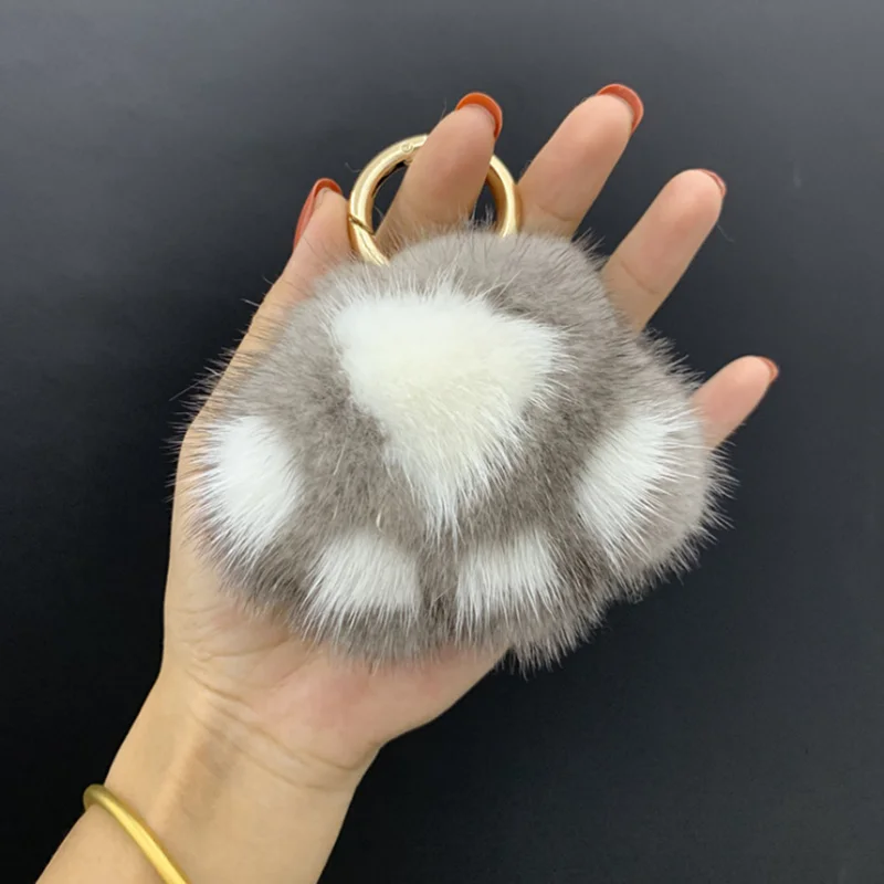 Милый кот лапы ins меховой мешок Висячие Ключи Кольцо аксессуары DIY подарок - Цвет: gray white