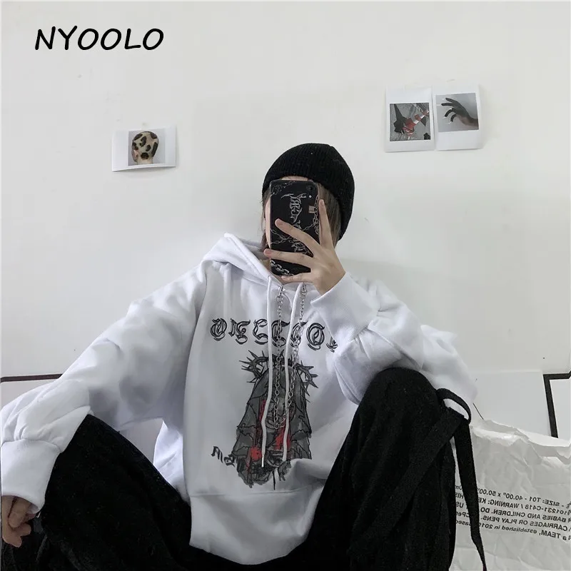 NYOOLO Harajuku стиль ужас кровавый с буквенным принтом толстые теплые толстовки с капюшоном на осень и зиму свободные вязаные пуловеры с капюшоном Толстовка для мужчин и женщин