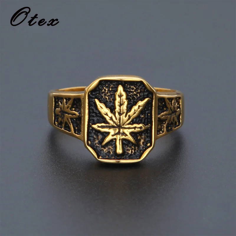 

Punk Gothic Hollow Design Round Maple Leaf Ring Signet Vintage hemp leaf Finger Men's Rings Anel Stainless Steel Hip Hop jewelry
