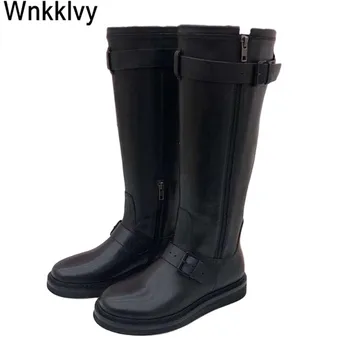 

Autumn winter flatform knight long boots women genuine leather knee high shoes British style thick bottom motorcycle booties