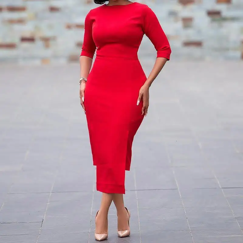 New Fall Women Office Elegant Red Work Dress Female 3/4-Length Sleeve Midi Dress Party Ladies Bodycon Dress