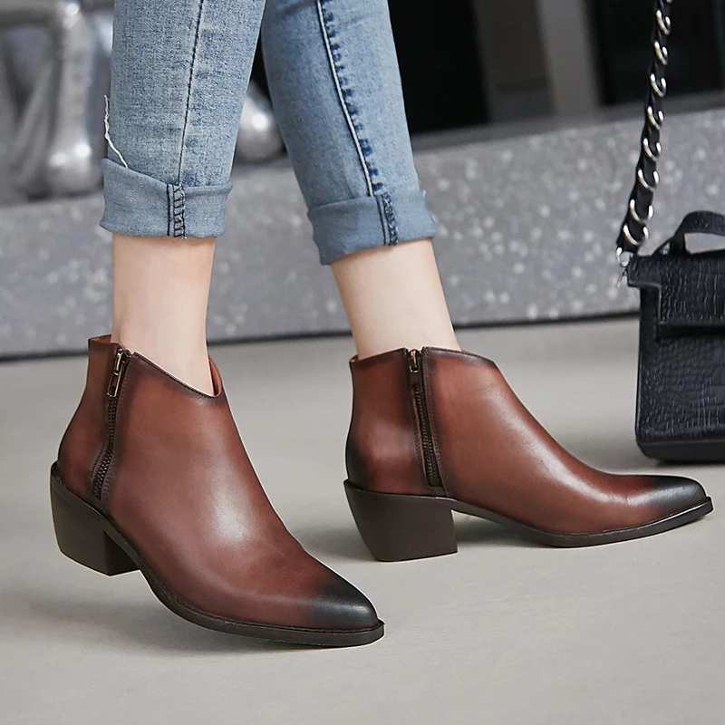 

AIWEIYi Autumn Boots Women Ankle Boots Genuine Leather Pointed Toe Square High Heels Platform Boots Ladies Shoes Botas Feminina