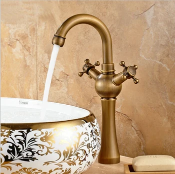 

Free Shipping Tall Antique Brass Bathroom Faucet 2 Handle Single Hole Brass Basin Sink Mixer Tap