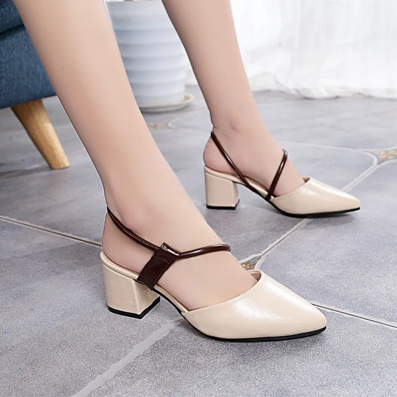 

2019 Summer New Style Korean-style Chunky-Heel Sandals Women's Versatile Hollow out Women's Pointed-Toe WOMEN'S Shoes Low-Cut Fa