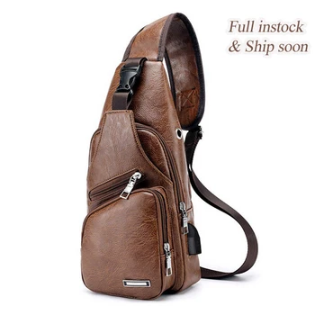 

Men's Crossbody Chest Bags Waist Bags Men's USB Charging Headphone Plug Leather Shoulder Bag Diagonal Package Women Handbags