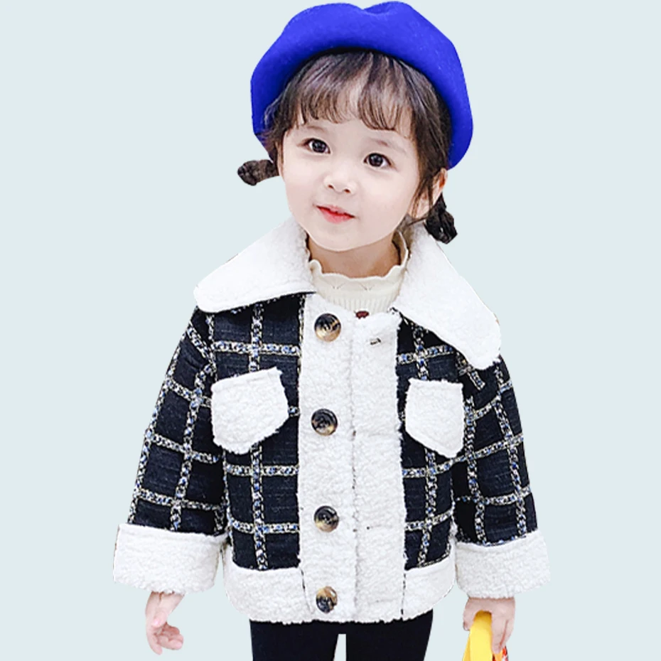 

Spring Kids Jacket Girl Plaid Wool Coat For Girls Lamb Fur Collar Girls Outerwear For Kids Autumn Fashion Baby Clothes For Girls