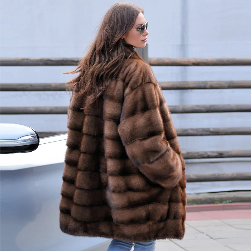 BFFUR Women's Real Mink Fur Coat Long Natural Full Pelt Genuine Mink Fur Coats Winter Warm Women Luxury Fur Jacket Outwear
