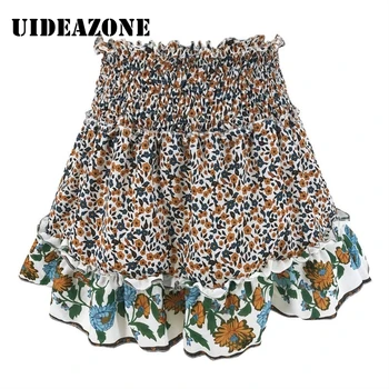 

2020 New Women Summer Mini Skirt Fake Flower Casual Ruffles Elastic High Waist Floral Print Boho Beach Holiday Short Skirts