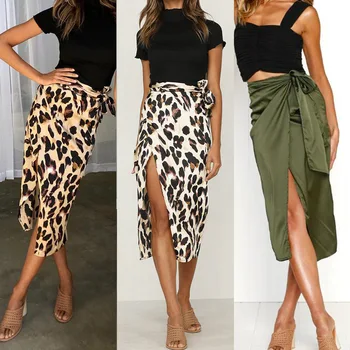 

Skirts Women Fall 2019 New Chiffon Leopard Print Maxi Skirt High Waisted Bandage Long Skirts Sexy Split Bandage Skirt Streetwear