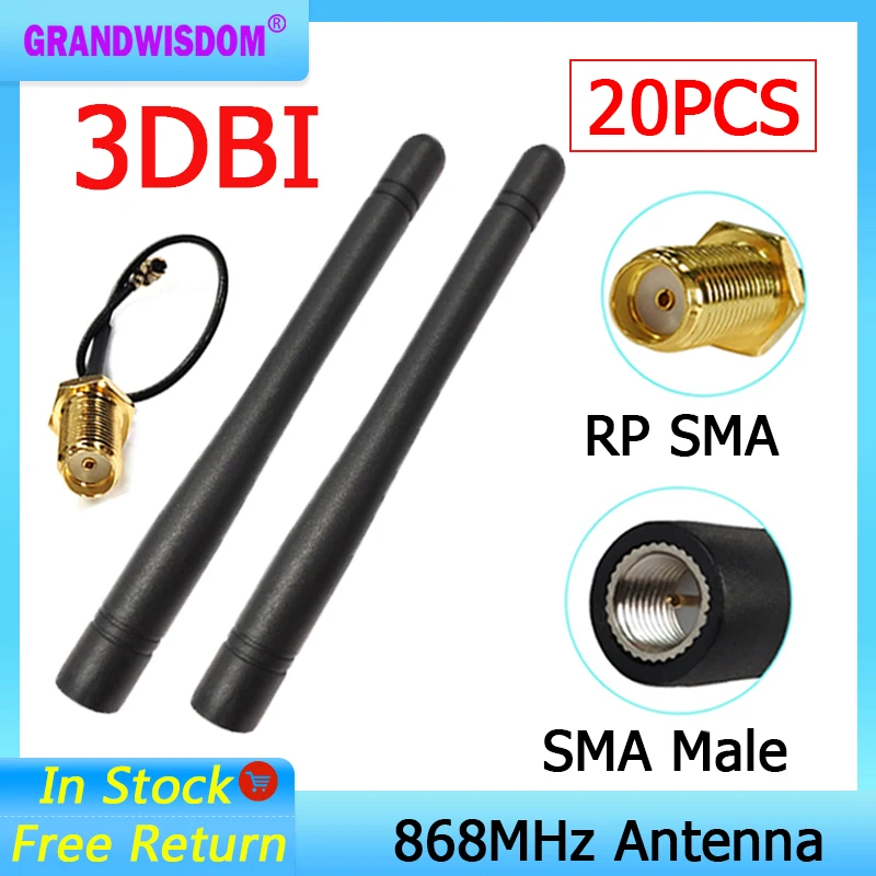 GRANDWISDOM 20pcs 868mhz antenna 3dbi sma male 915mhz lora antene module lorawan ipex 1 SMA female pigtail Extension Cable