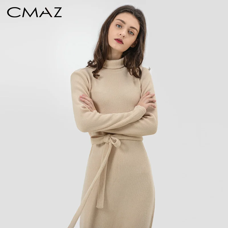 

CMAZ turtleneck Knitted Sweater Women Dress Casual Midi Dress Long Sleeve with belt Bodycon Knee Mermaid Dress MX18D5716