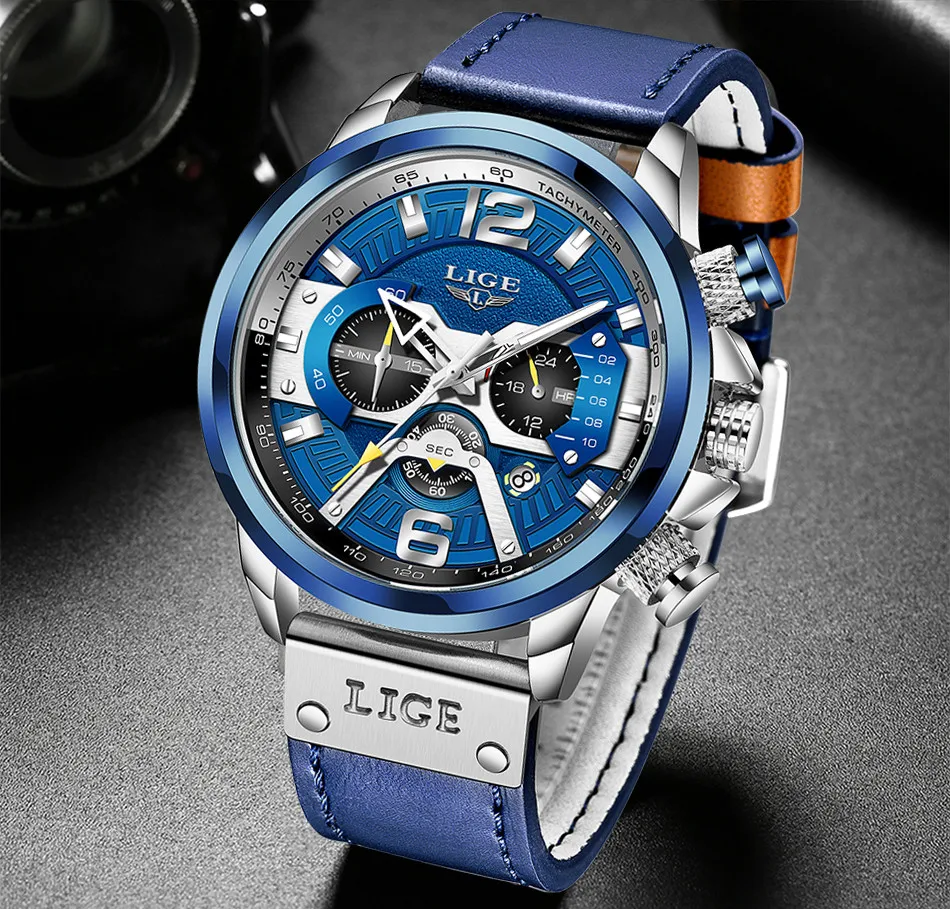 LIGE New Men Watches Top Brand Luxury Leather Chronograph Sport Watch For Mens Fashion Date Waterproof Clock Relogio Masculino
