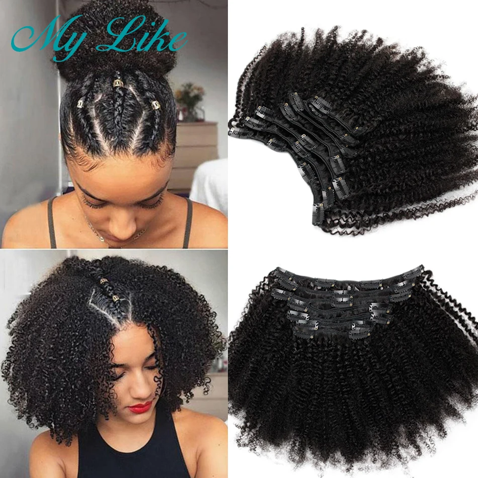 

4b 4c Mongolian Afro Kinky Curly Hair Clip In Hair Extension Human Hair for Black Women Full Head 7Pcs/Set 120G Natural Color